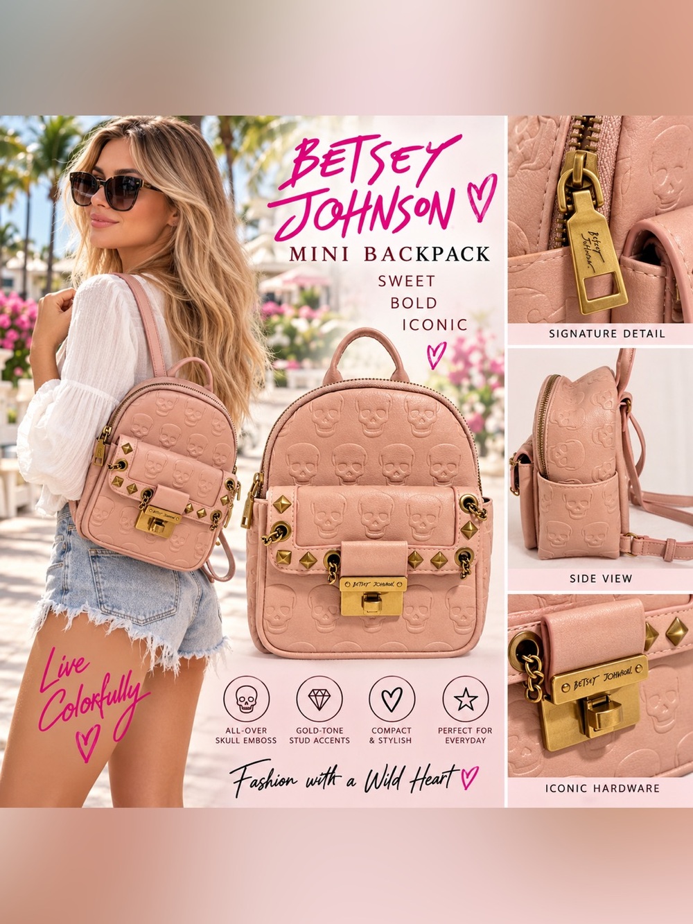 Betsey Johnson Powder Pink mini backpack skull patterns